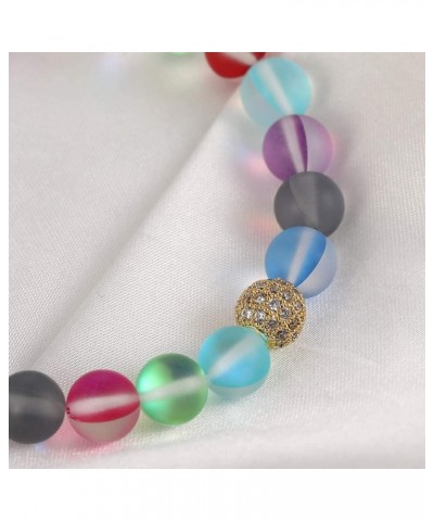 8 mm Mystic Glowing Mermaid Glass Bracelet Moonstone Beaded Stretch Bracelet with zircon crystal beads Multicolor gold-plated...