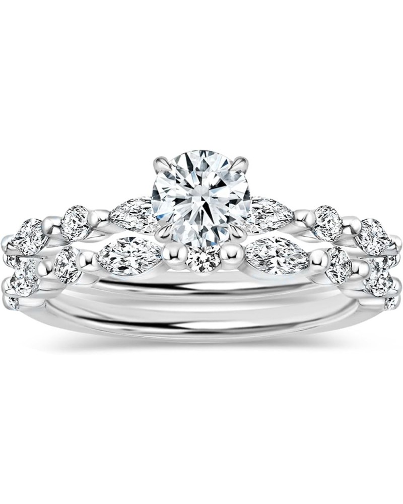 Round & Marquise Lab Grown White Diamond Solitaire Metal Beaded Bridal Ring Set for Her in 925 Sterling Silver 9 0.25 Carat L...