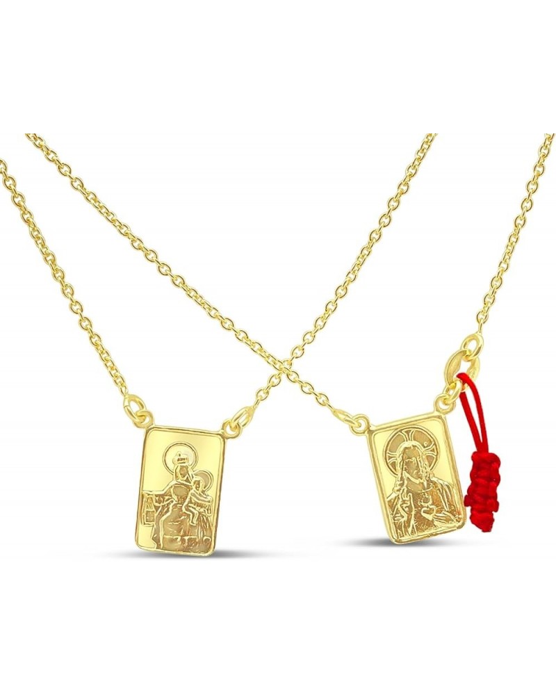 14k Gold Plated Scapular Necklace with Red Cord - Corazon Sagrado (Sacred Heart of Jesus) and Virgin Mary Medals - 24 Inch Ye...