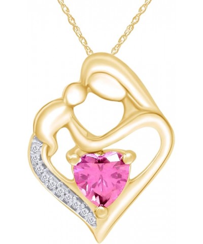 Simulated Birthstone & White Natural Diamond Accent Mother & Child Heart Pendant Necklace In 14k Yellow Gold Over Sterling Si...