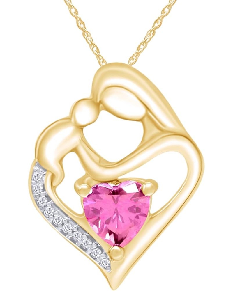 Simulated Birthstone & White Natural Diamond Accent Mother & Child Heart Pendant Necklace In 14k Yellow Gold Over Sterling Si...