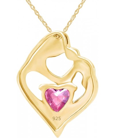 Simulated Birthstone & White Natural Diamond Accent Mother & Child Heart Pendant Necklace In 14k Yellow Gold Over Sterling Si...