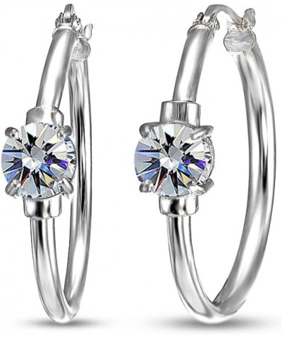 Sterling Silver Round Solitaire 25mm Hoop Earrings Made with European Crystals April - Clear $12.30 Earrings