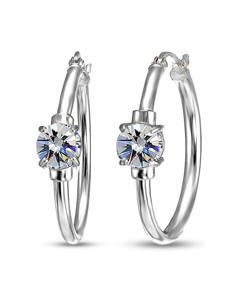 Sterling Silver Round Solitaire 25mm Hoop Earrings Made with European Crystals April - Clear $12.30 Earrings