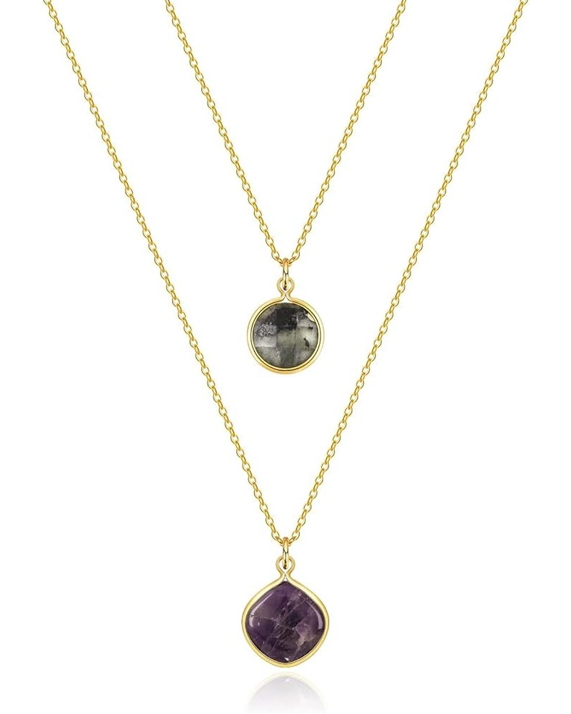 Silver Layered Natural Stone Necklace: Gold Plated Square Purple Round Black Healing Crystal Pendant Thin Double Chain Choker...