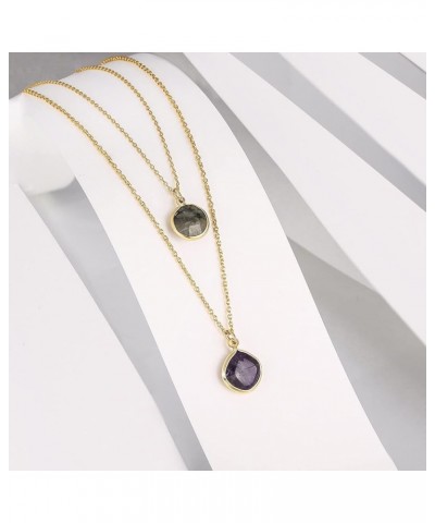 Silver Layered Natural Stone Necklace: Gold Plated Square Purple Round Black Healing Crystal Pendant Thin Double Chain Choker...