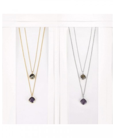 Silver Layered Natural Stone Necklace: Gold Plated Square Purple Round Black Healing Crystal Pendant Thin Double Chain Choker...