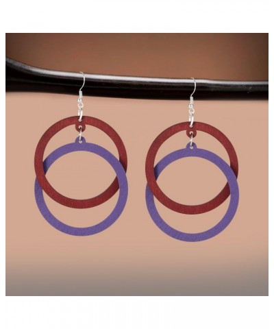 Bohemian Unique Handmade Wooden Hoop Splicing Earrings Retro Statement Colorful Contrast Wood Geometric Lightweight Dangle Dr...