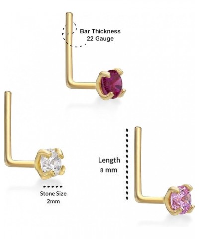 22 Gauge L-Shape Nose Ring Set for Women I 2mm White, Pink, and Red Cubic Zirconia Nose Ring for Her I 14k White or Yellow Go...