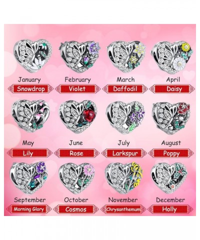 Flower Birthstone Charms for Original European Bracelets,925 Sterling Silver white Butterfly Love Heart Bead Charm for Bracel...