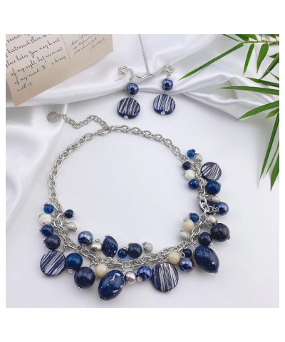 Women's Beaded Strand Statement Necklace Beads Collar N0002-Blue Depths $11.76 Necklaces