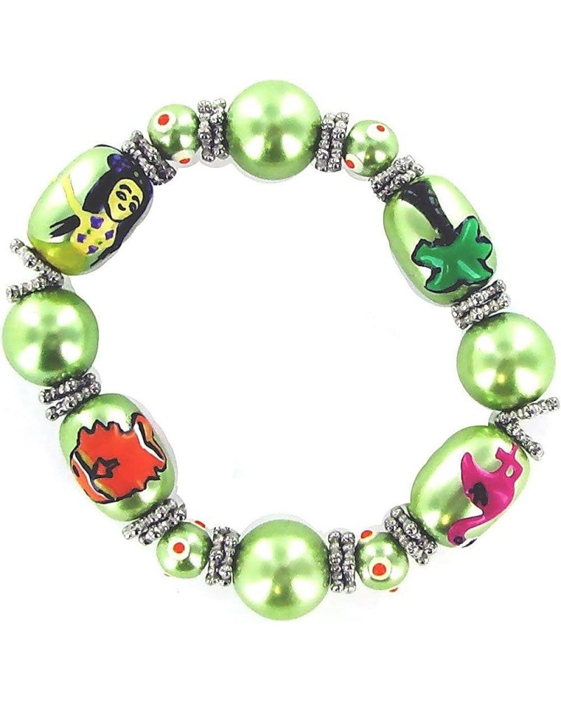 Women Stretch Bracelet/Hand Painted Hula Girl, Coconut Tree, Flamingo & Tropical Fish Pearlized Glass Beads /13x18MM / Bracel...