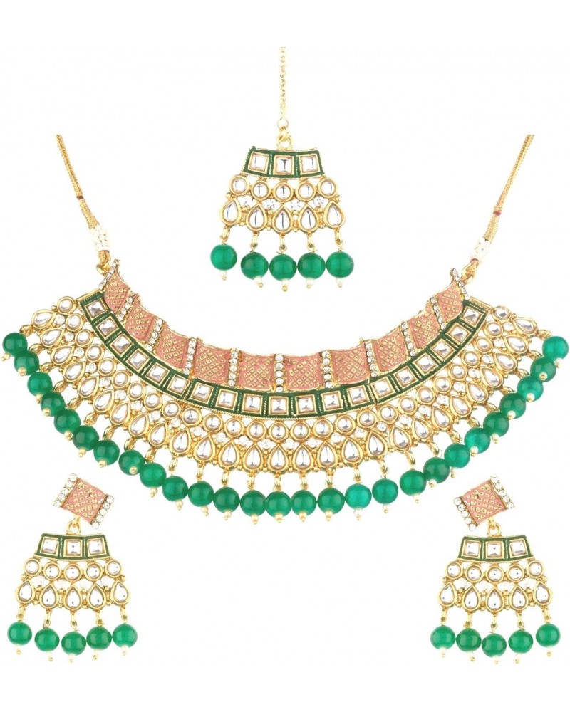 Indian Bollywood Traditional Kundan Faux Pearl Wedding Choker Necklace Earrings Maangtikka Jewelry set (Gold,Red) $17.08 Jewe...