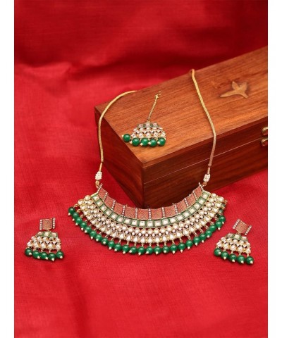 Indian Bollywood Traditional Kundan Faux Pearl Wedding Choker Necklace Earrings Maangtikka Jewelry set (Gold,Red) $17.08 Jewe...