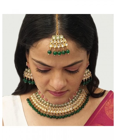 Indian Bollywood Traditional Kundan Faux Pearl Wedding Choker Necklace Earrings Maangtikka Jewelry set (Gold,Red) $17.08 Jewe...