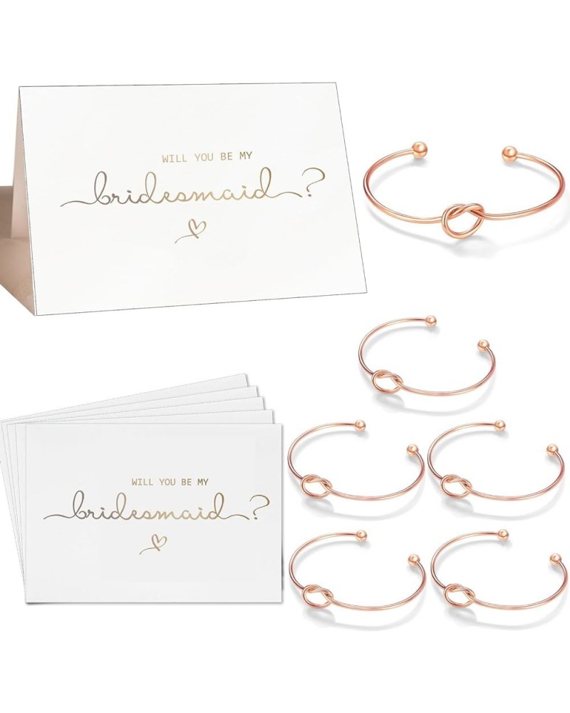 Gold Foil Will You Be My Bridesmaid Maid of Honor Card & Tie The Knot Bracelet Set of 4, 5, 6, 7 6 Rosegold Tone Bracelet & G...