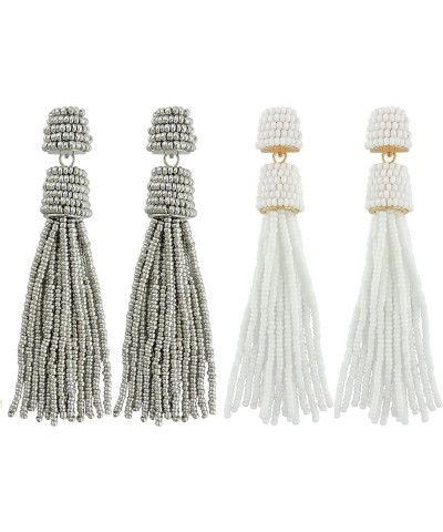 Handmade Beads Tassels Fringe Dangle Drop Earrings For Women (ER1093) White+Silver $14.49 Earrings