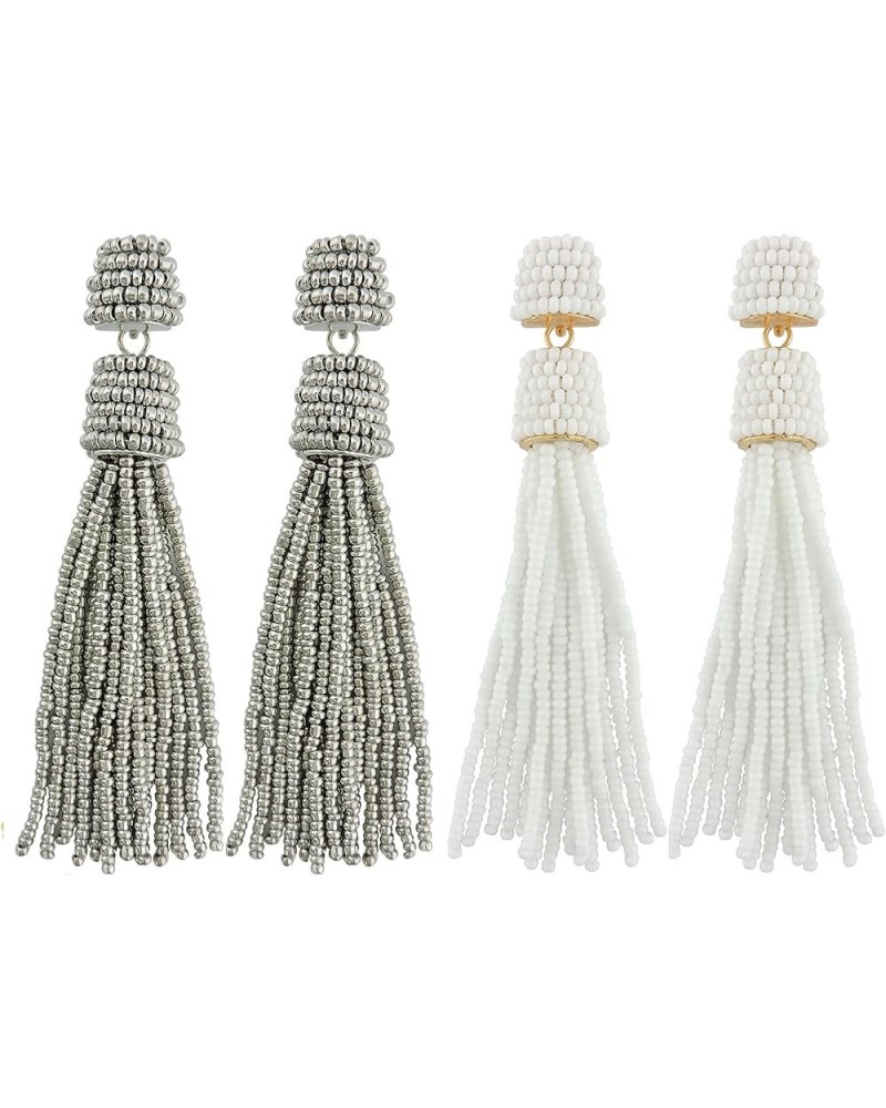 Handmade Beads Tassels Fringe Dangle Drop Earrings For Women (ER1093) White+Silver $14.49 Earrings