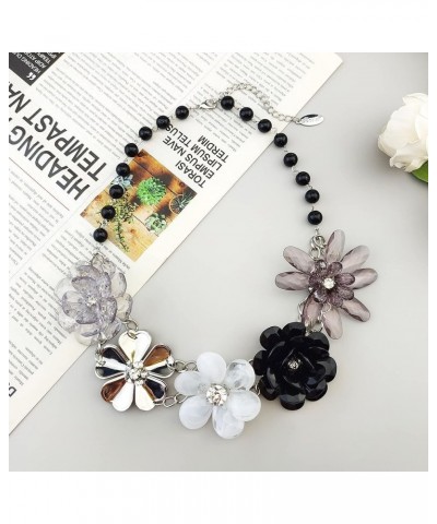 5 Flower Braided Crystal Statement Chunky Necklace Bib Collar Flower Pearl Jewelry for Women black $11.23 Necklaces