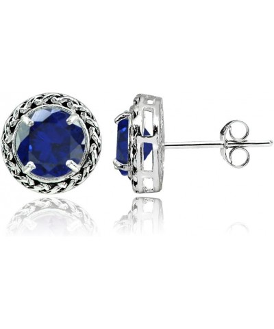 Sterling Silver Genuine, Simulated, or Created Gemstone Round Oxidized Rope Stud Earrings Created Blue Sapphire $22.79 Earrings