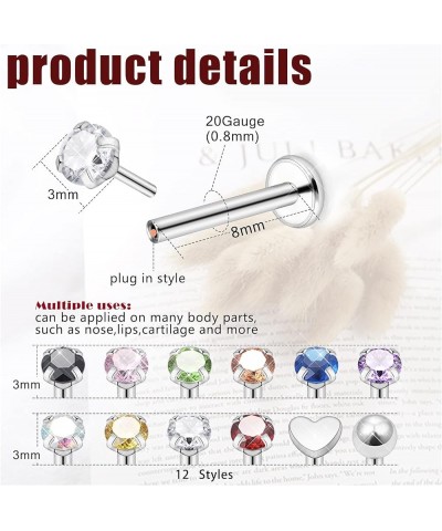 16G 18G 20G Flat Back Studs Earrings Surgical Steel Threadless Nose Studs Straight Cartilage Earrings for Women Men Diamond C...