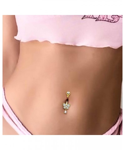 10K Gold Belly Button Rings 14G Dangle Belly Rings Clear CZ Belly Piercing Jewelry for Women 10k Yellow Gold Butterfly Navel ...