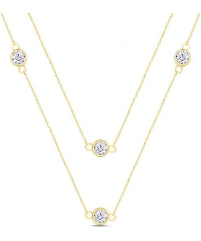 Sterling Silver Bezel Set Yard Station Chain Necklace Women 3MM Round Cubic Zirconia Yellow-gold-plated-silver 18 Inches $25....