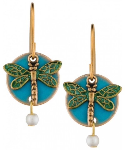 Dragonfly Drop Gold-tone Earrings of Vermont Blue Enamel Layer Bead Handcrafted in the USA ne-008 $19.75 Earrings