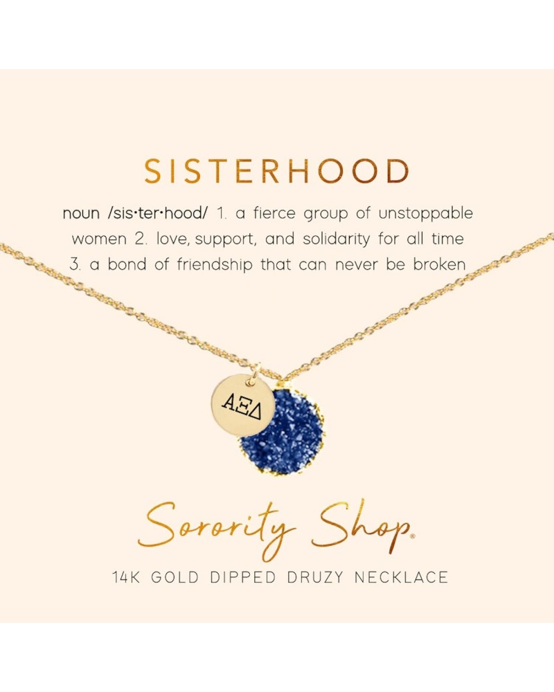 AXD Necklace - Alpha Xi Delta Blue Druzy Gemstone Necklace With Engraved Pendant – 14k Gold Dipped Jewelry with Blue Gemstone...