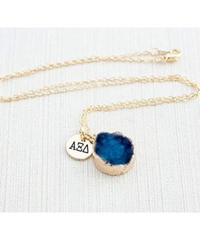 AXD Necklace - Alpha Xi Delta Blue Druzy Gemstone Necklace With Engraved Pendant – 14k Gold Dipped Jewelry with Blue Gemstone...