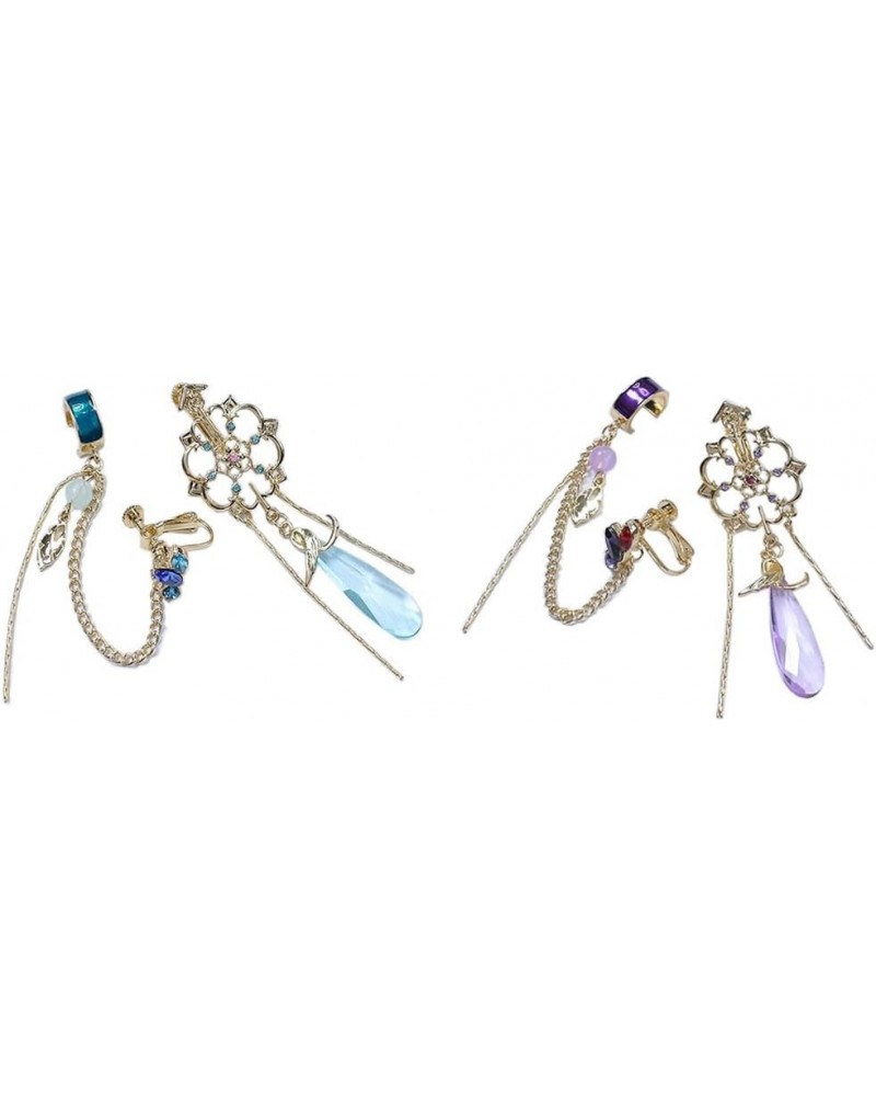 2 Pair of Scaramouche Earrings Kunikuzushi Cosplay Chain Pendant Ear Clips Studs Blue Purple not need pierced $13.74 Earrings