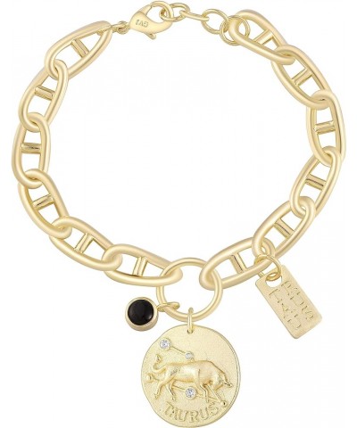 Astrology Zodiac Sign Bracelet,14K Gold Plated Brass Antique Coin Pendant And Onyx Charm With 7 Inches Adjusted GICCI Chain,P...