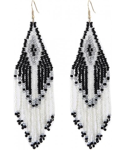 Bohemian Long Rice Beaded Tassel Earrings,Boho Native Handmade Woven Seed Bead Drop Dangle Earrings Statement Jewelry for Wom...