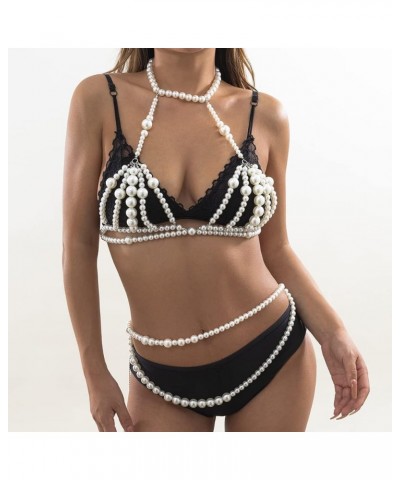 Pearl Layered Body Chain Bra Necklace and Silver Waist Chain Belt Ajustable Belly Chain Set Accessories for Women and Girls S...