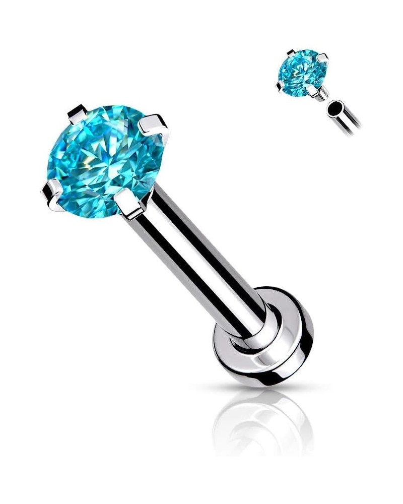 16GA (1.2mm) L. 5/16" (8mm) Labret With CZ Prong Set Top Flat Back Stud Internally Threaded Micro Base 316L Surgical Steel Fo...