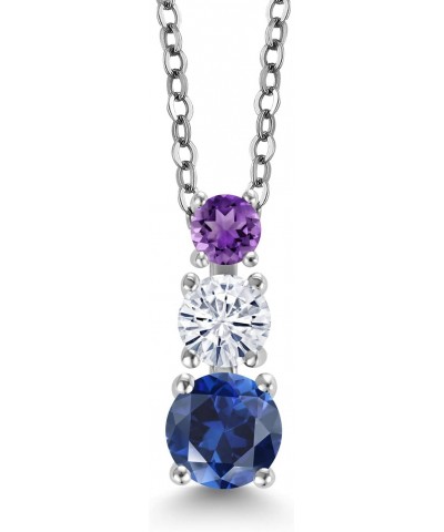 Blue Created Sapphire White Moissanite Purple Amethyst 3 Stone Pendant Necklace For Women (0.93 cttw, Gemstone Birthstone, Ro...