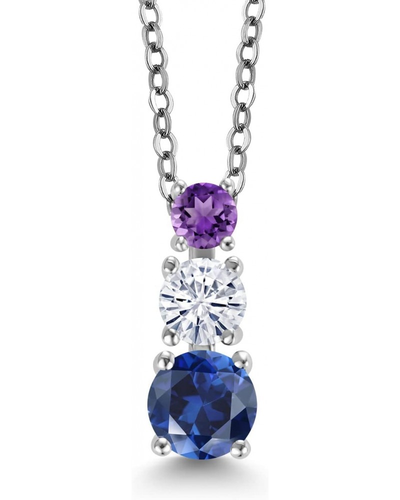 Blue Created Sapphire White Moissanite Purple Amethyst 3 Stone Pendant Necklace For Women (0.93 cttw, Gemstone Birthstone, Ro...