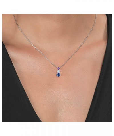 Blue Created Sapphire White Moissanite Purple Amethyst 3 Stone Pendant Necklace For Women (0.93 cttw, Gemstone Birthstone, Ro...