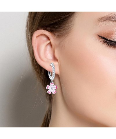 925 Sterling Silver Hoop Earrings,Colorful Cubic Zirconia Pink Flower Dangle Drop Earrings Hypoallergenic Huggie Earrings for...