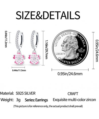 925 Sterling Silver Hoop Earrings,Colorful Cubic Zirconia Pink Flower Dangle Drop Earrings Hypoallergenic Huggie Earrings for...