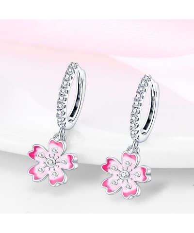 925 Sterling Silver Hoop Earrings,Colorful Cubic Zirconia Pink Flower Dangle Drop Earrings Hypoallergenic Huggie Earrings for...