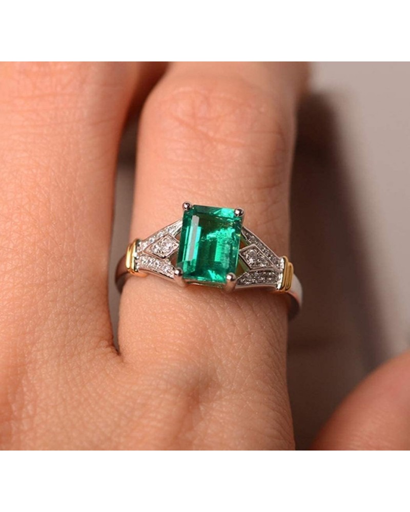 Elegant Women 14k White Gold Filled Sterling Silver Square Cut Emerald Gemstone Birthstone CZ Crystal Wedding Bridal Band Rin...