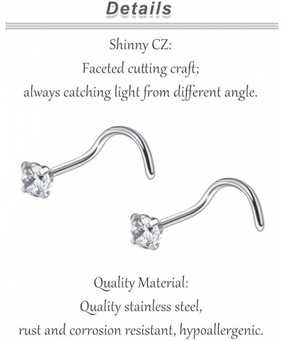 18G 20G 22G Hypoallergenic Silver Nose Rings Studs 316L Surgical Steel Screw Straight L Shaped Nose Studs Shiny Cubic zirconi...