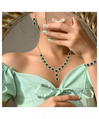 Women's Wedding Bridal Round Teardrop Crystal Necklace Sparkle Halo Bracelet Pierced Dangle Earrings Jewelry Set Emerald Colo...