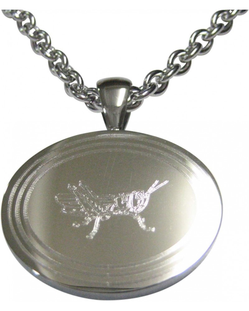 Silver Toned Etched Oval Grasshopper Locust Insect Pendant Necklace $22.39 Necklaces