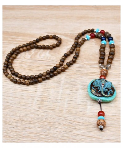 Vintage Long Necklace Handmade Turquoise Wood Beads Necklace for Women Fashion Jewelry Elephant pendant $10.00 Necklaces