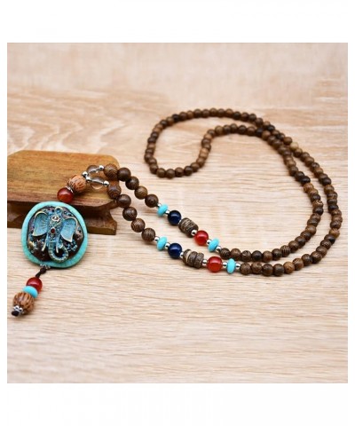 Vintage Long Necklace Handmade Turquoise Wood Beads Necklace for Women Fashion Jewelry Elephant pendant $10.00 Necklaces