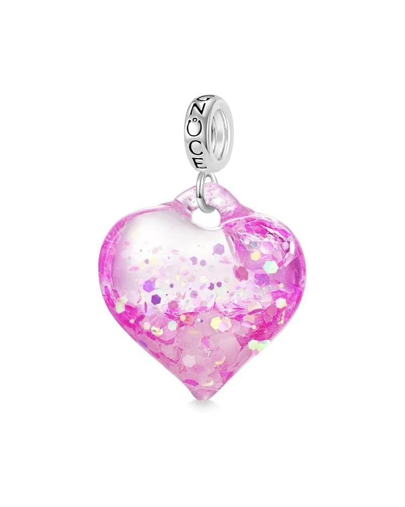 Purple Pink Blue Glitter Heart Pendant Dangle Charm for Women,14K White Gold Plated S925 Sterling Silver BraceletNecklcae Cha...