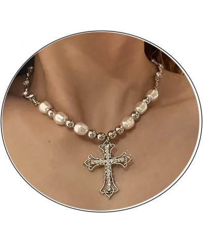 Cross Pearl Necklace for Women,Gothic Cross Pendant Necklace Cubic Zirconia Pearl Chain Beads Necklace Vintage Cross Pearl Mu...