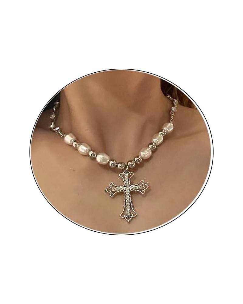 Cross Pearl Necklace for Women,Gothic Cross Pendant Necklace Cubic Zirconia Pearl Chain Beads Necklace Vintage Cross Pearl Mu...